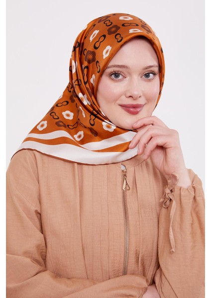 Kiremit Papatya Desen Twill Ipek Eşarp