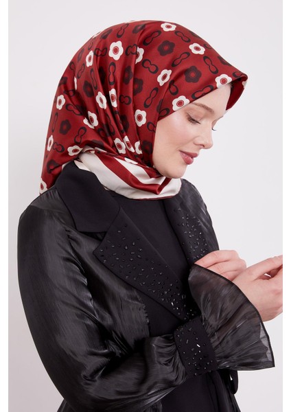 Bordo-Siyah Papatya Desen Twill Ipek Eşarp fiyatları