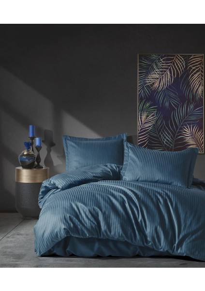 Çift Kişilik Saten Nevresim Takımı Elegante Stripe Mavi