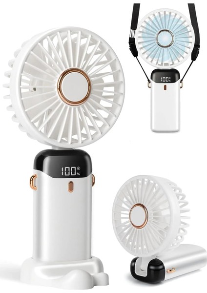 Lcd Ekranlı Şarjlı El Fanı Mini Vantilatör 5 Kademe Sessiz Boyun Askılı Beyaz Fan