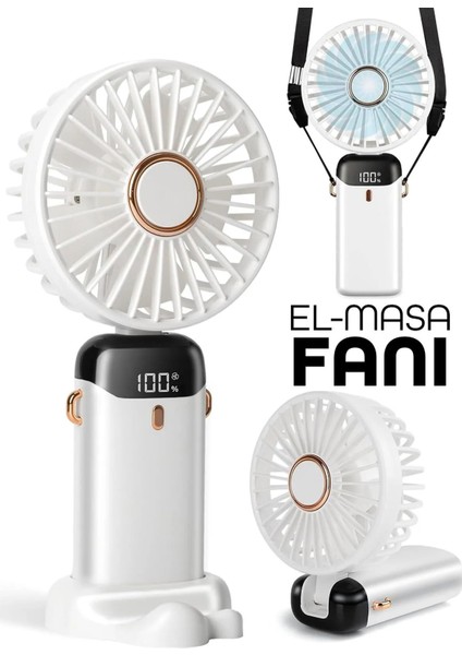 Lcd Ekranlı Şarjlı El Fanı Mini Vantilatör 5 Kademe Sessiz Boyun Askılı Beyaz Fan