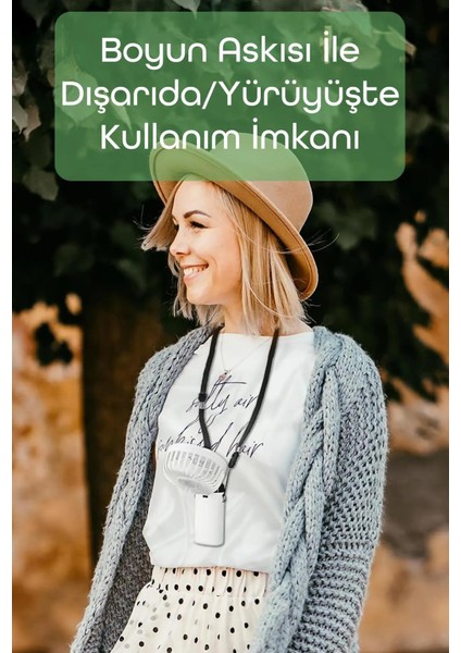 Lcd Ekranlı Şarjlı El Fanı Mini Vantilatör 5 Kademe Sessiz Boyun Askılı Beyaz Fan