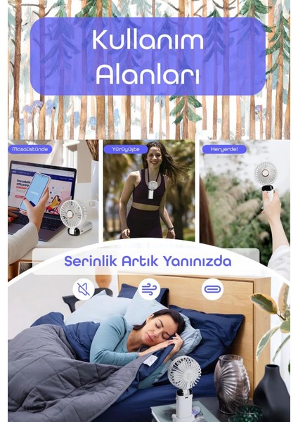 Lcd Ekranlı Şarjlı El Fanı Mini Vantilatör 5 Kademe Sessiz Boyun Askılı Beyaz Fan