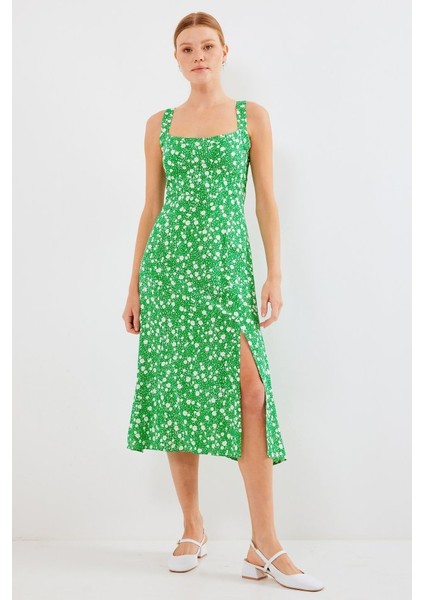 2282 Yırtmaçlı Askılı Viskon Elbise - Yeşil fırsatları