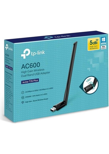 Tp-Link Archer T2U Plus AC600 600 Mbps Dualband Antenli USB Wireless Adaptör