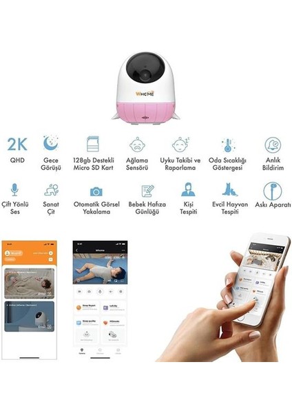 Whome Yapay Zeka Destekli 2k Ptz Gece Görüşlü Pembe Wifi Bebek Güvenlik Kamerası (128 GB Tf Kart Destekli)