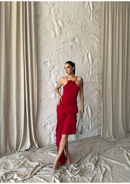 Güllü Elbise Asimetrik Katlı - Kırmızı fiyatları