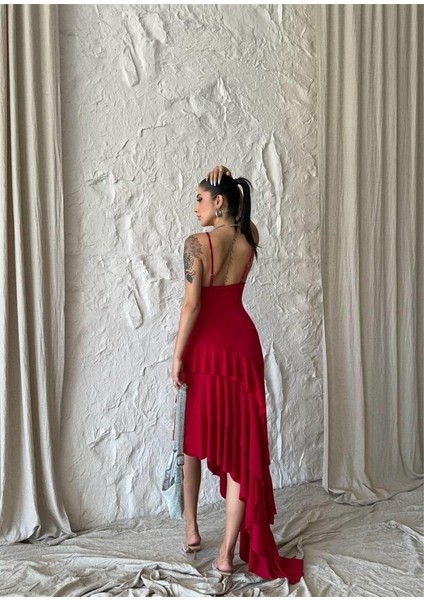 Güllü Elbise Asimetrik Katlı - Kırmızı modelleri