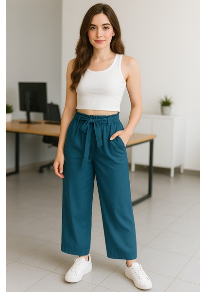 Özel Tasarım Beli Lastikli Yandan Cepli Bol Paça Keten Pantolon - M/XL