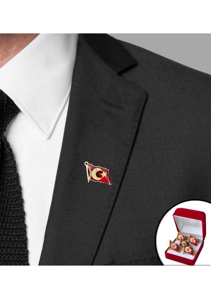 Türk Bayraklı Yaka Rozeti Şık Kutulu 5'li