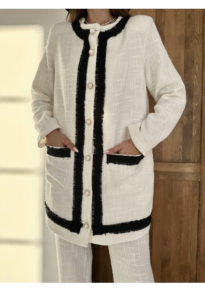 Ekru Siyah Şeritli Yakasız Ceket ve Pantolon Takım modelleri