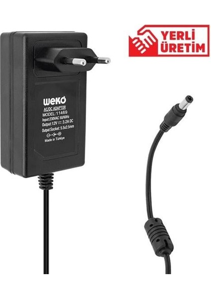 Weko 12 Volt 3.2 Amper 38 Watt Plastik Kasa Priz Tipi Adaptör (5.5x2.5 Uçlu)