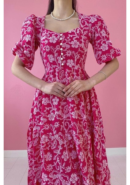 Fuşya Düğmeli Brode Elbise fırsatları