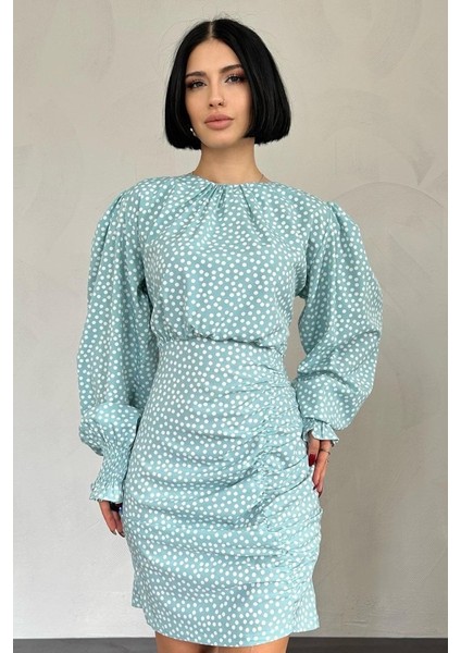 Yeşil Puantiyeli Önü Büzgülü Elbise fiyatları