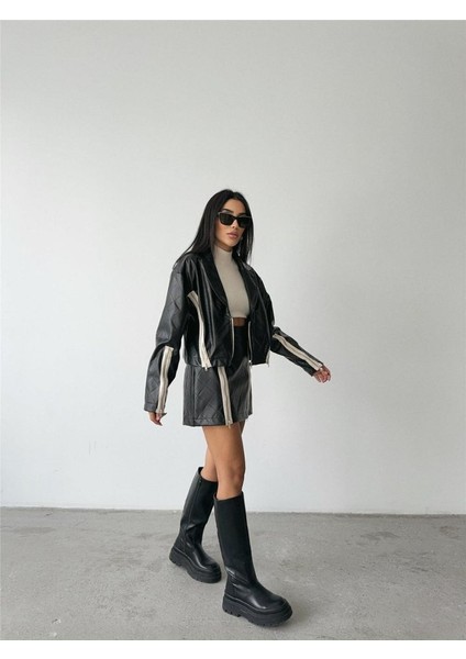 Baklava Deri Crop Ceket Fermuar Aksesuar Detaylı - Siyah fiyatları