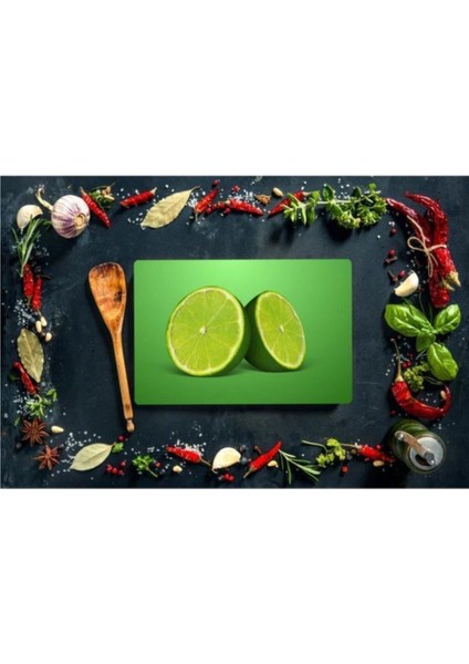20X30 cm Cam Kesme Tahtası Yeşil Limon Görünümlü