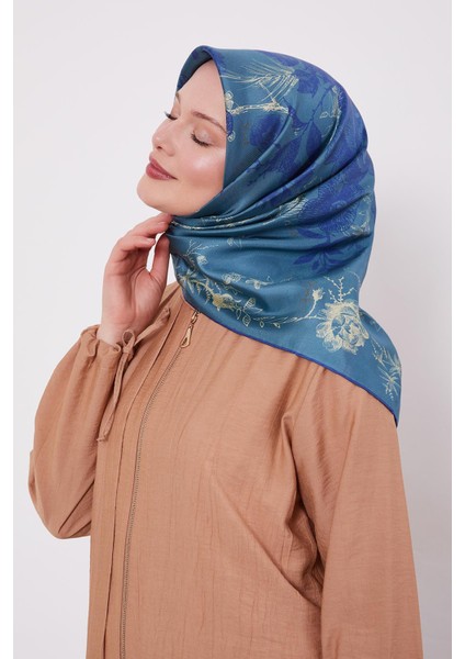 Gece Mavisi Soyut Gül Desen Twill Ipek Eşarp