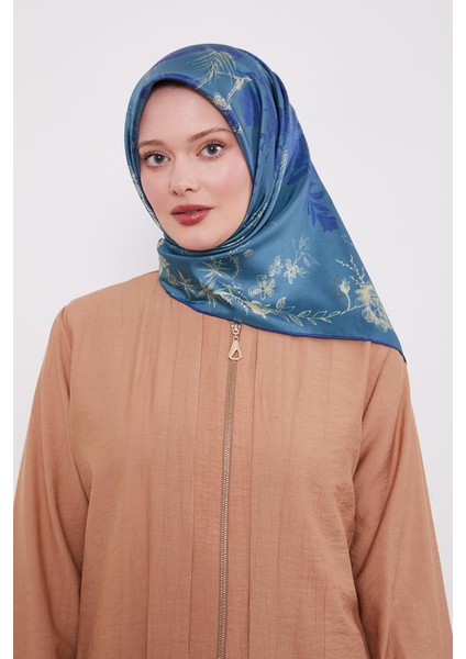Gece Mavisi Soyut Gül Desen Twill Ipek Eşarp modelleri