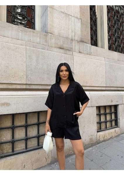 Jakarlı Gömlek -Şort Takım - Siyah