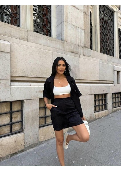 Jakarlı Gömlek -Şort Takım - Siyah modelleri