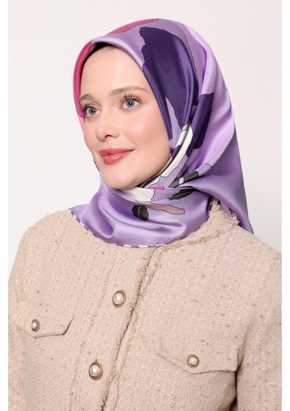 Lila Çizim Çiçek Desen Twill Ipek Eşarp