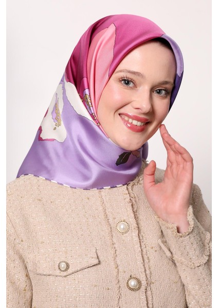 Lila Çizim Çiçek Desen Twill Ipek Eşarp fiyatları