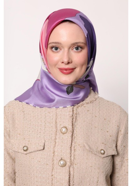 Lila Çizim Çiçek Desen Twill Ipek Eşarp modelleri