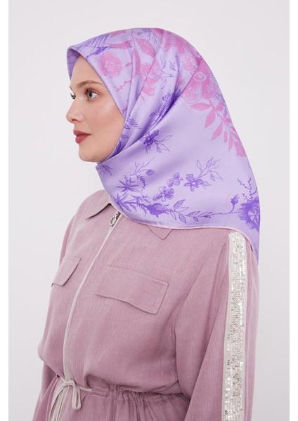 Mor Soyut Gül Desen Twill Ipek Eşarp