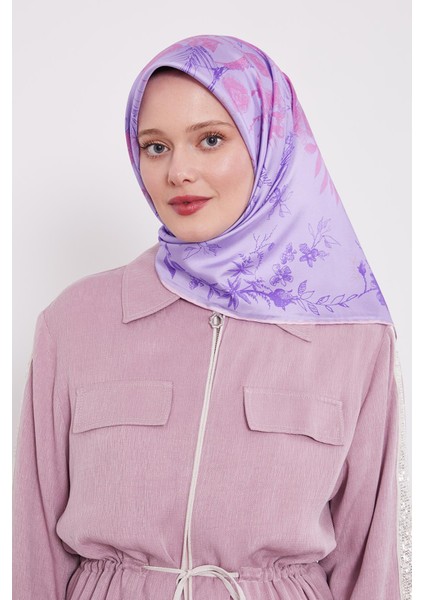 Mor Soyut Gül Desen Twill Ipek Eşarp modelleri