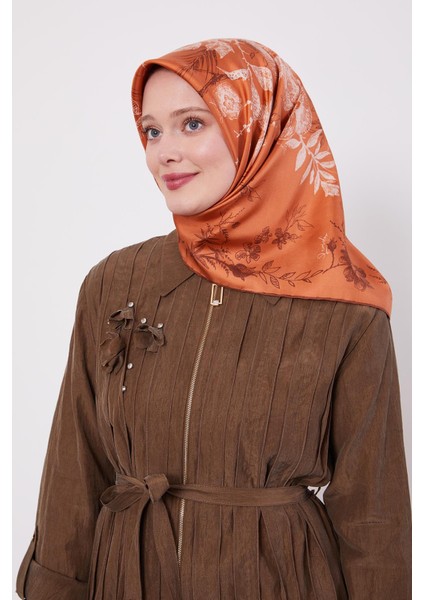 Kiremit Soyut Gül Desen Twill Ipek Eşarp