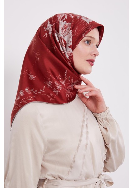 Kırmızı Soyut Gül Desen Twill Ipek Eşarp
