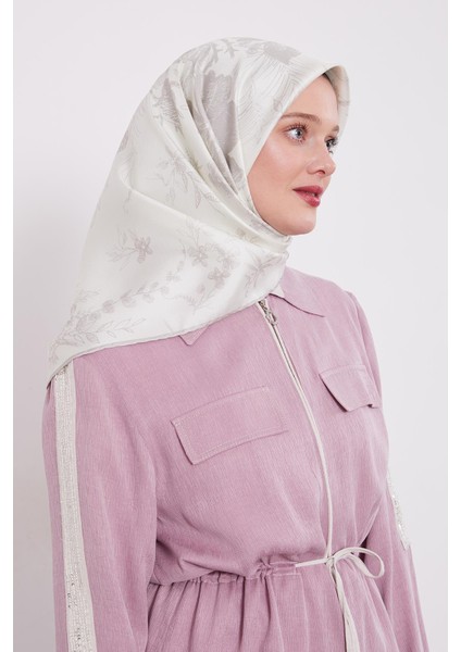 Krem Soyut Gül Desen Twill Ipek Eşarp