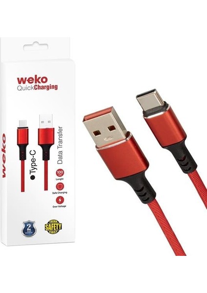 Weko WK-22024 USB To Type-C Örgülü Kırmızı Telefon Şarj Kablosu