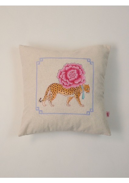 Peony Panther Çiçek Taşıyan Leopar Keten Kırlent Kılıfı 45X45 cm
