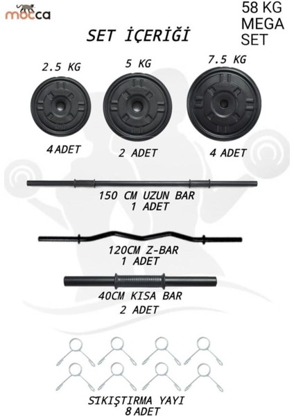 58 kg Z-Barlı Megaset Halter Seti ve Dambıl Seti Ağırlık Fitness Seti