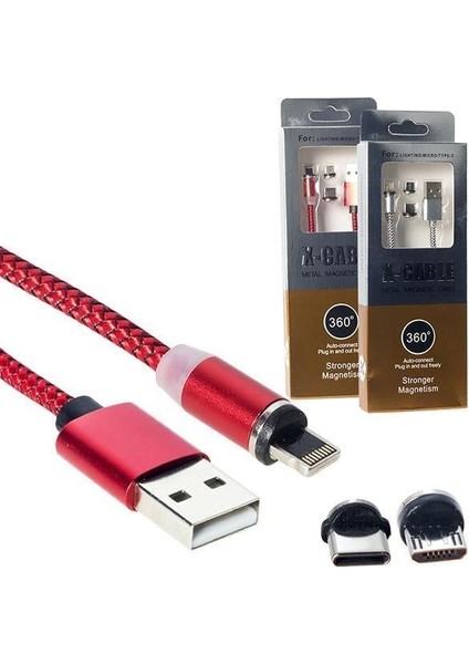 Powermaster Mıknatıslı Çok Uçlu Örgülü Metal Şarj Data Kablosu