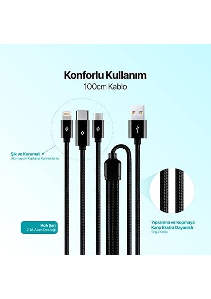 Alumicable Trio Şarj Kablosu 1mt. Type-C, Lightning, Micro USB