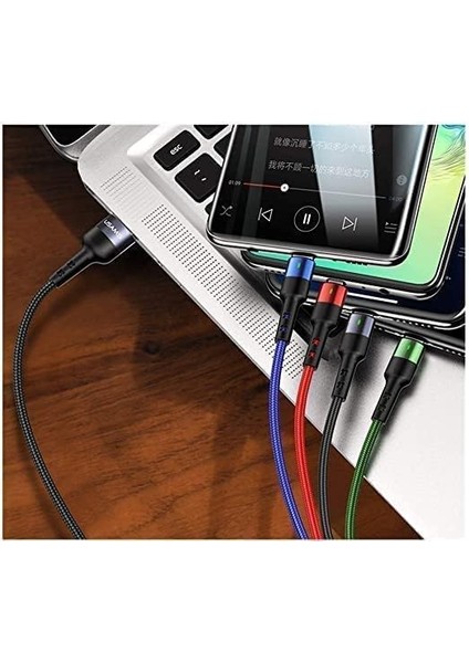 US-SJ317 4in1 2*lightning 1*type-C 1*micro Uçlu 1.2m 2A Örgülü Renkli Şarj ve Data Kablosu