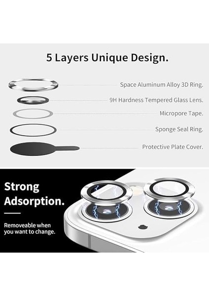 iphone 15 6.1 Inc 15 Plus 6.7 Kamera Koruma Lensi Alüminyum Çerçeveli Safir 9h Cam iphone 15-15 Plus Gümüş