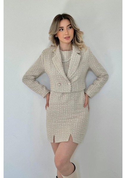 Bej Düğmeli Ceket ve Elbise Takım modelleri