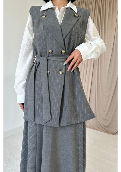Gri Çizgili Uzun Çizgili Yelek ve Etek Takım modelleri
