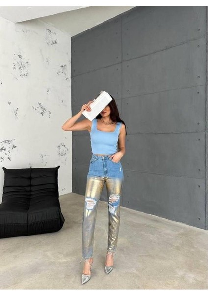 Diz Yırtık Varaklı Mom Kot Pantolon - Gold modelleri