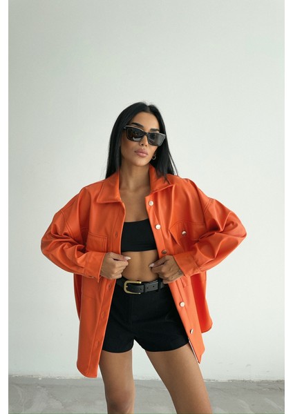 Düğmeli Deri Gömlek Boyfriend - Turuncu