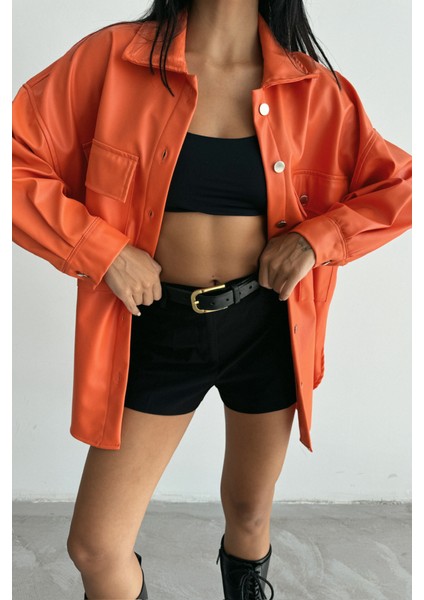 Düğmeli Deri Gömlek Boyfriend - Turuncu fiyatları