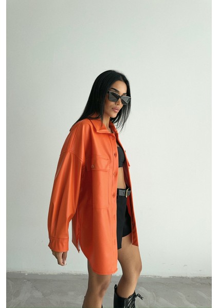 Düğmeli Deri Gömlek Boyfriend - Turuncu modelleri