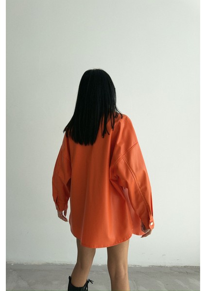 Düğmeli Deri Gömlek Boyfriend - Turuncu fırsatları