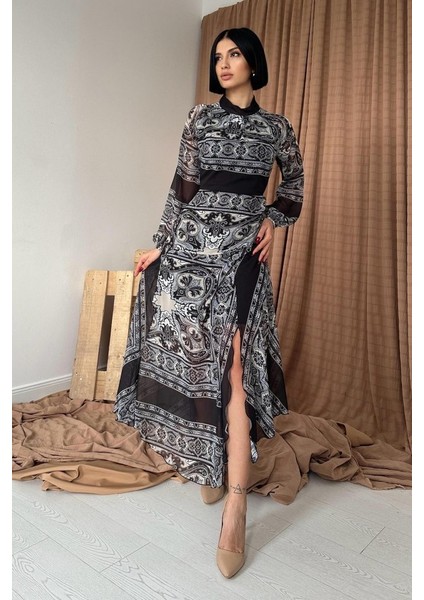 Siyah Reglan Kol Parçalı Baskılı Elbise