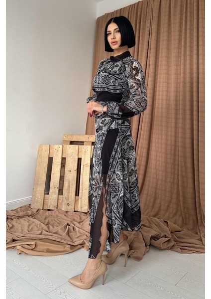 Siyah Reglan Kol Parçalı Baskılı Elbise fiyatları