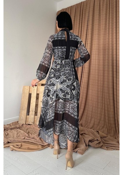 Siyah Reglan Kol Parçalı Baskılı Elbise modelleri