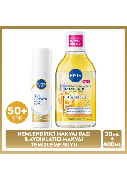 Sun SPF50 Güneş Koruyucu Primer Nemlendirici Makyaj Bazı 30ML ve Micellar Makyaj Temizleme SUYU400ML
